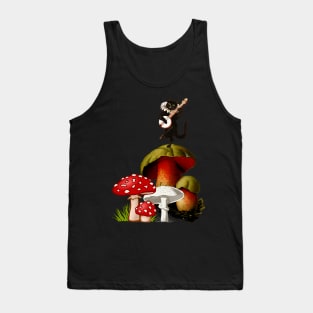 Black cat playing guitar on a mushroom hippie 80s music Tank Top